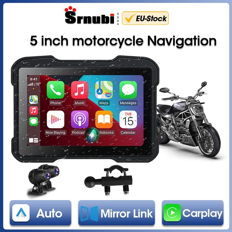 Srnubi Motorcycle GPS Navigation Waterproof Apple Carplay 5 inch Screen Portable Motorcycle Wireless Android Auto Monitor DVR