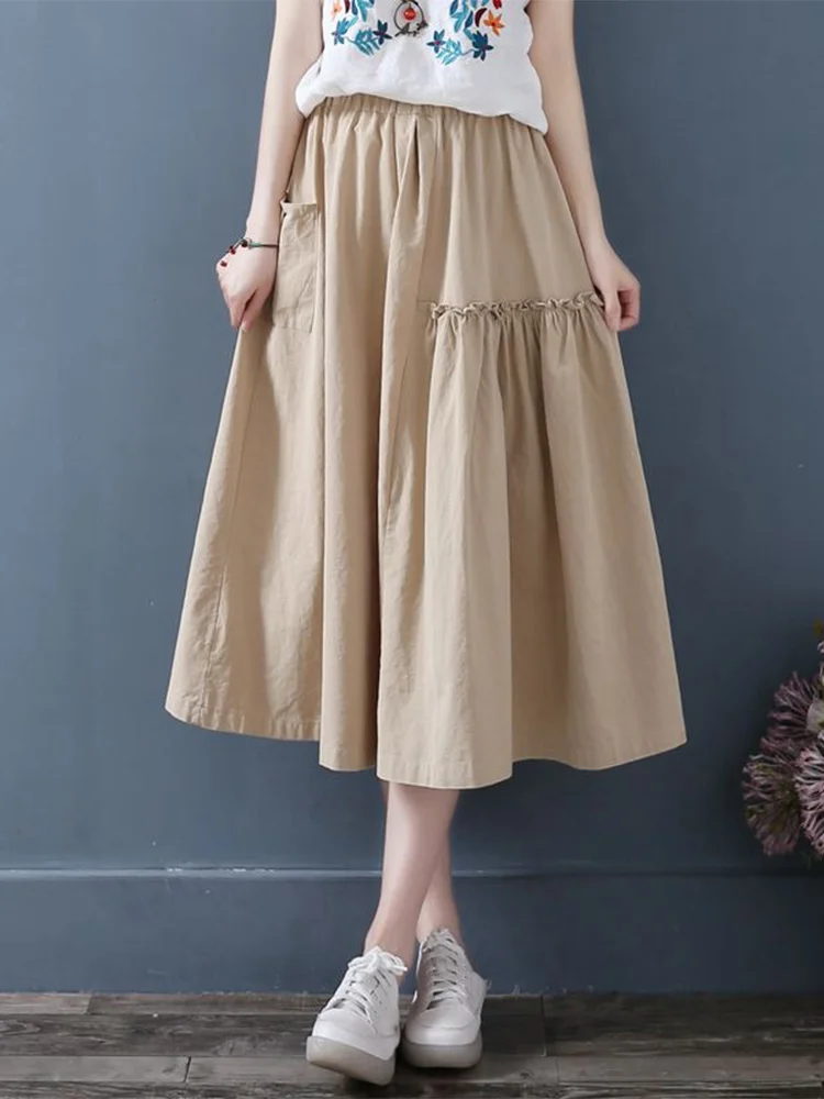 

Юбка-миди трапециевидной формы с высокой талией, женские хлопковые и льняные юбки средней длины, плиссированные свободные посадки, цвет