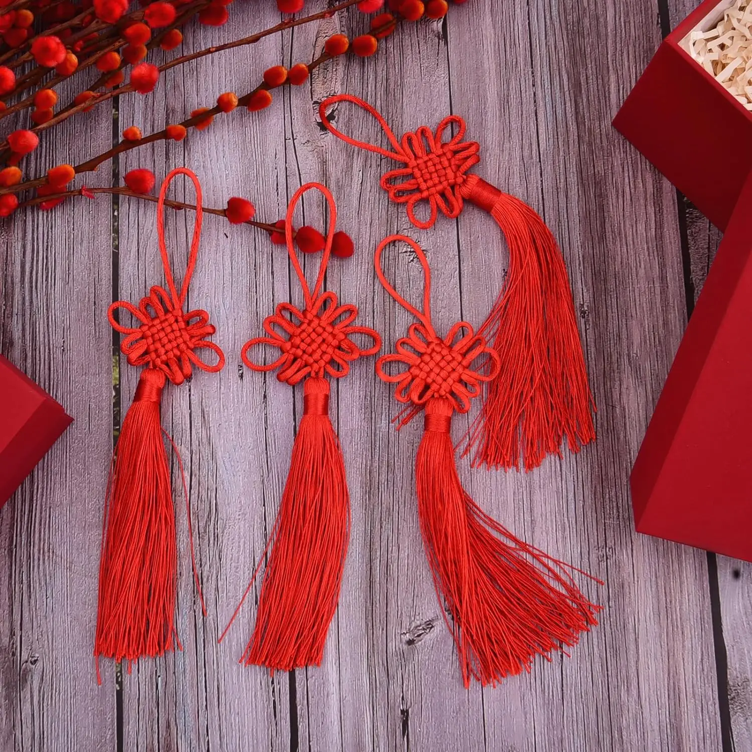 Colgante de borlas rojas con nudo chino pequeño para decoración, amuletos de la suerte, adornos tradicionales para Festival de Año Nuevo, regalos, 1/12 piezas, 2024