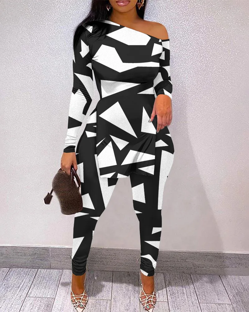 Women Fashion Two Piece Suit Sets Elegant Skinny Skew Neck Letter Print Long Sleeve Split Hem Top and Pants Set Tracksuit Suits