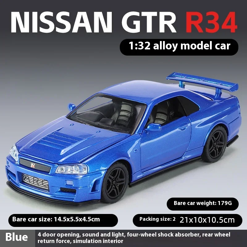 

1:32 Nissan Skyline Ares GTR R34 Alloy Metal Diecast Sport Racing Car Model Simulation Model Sound & Light Children Toy Gift Boy