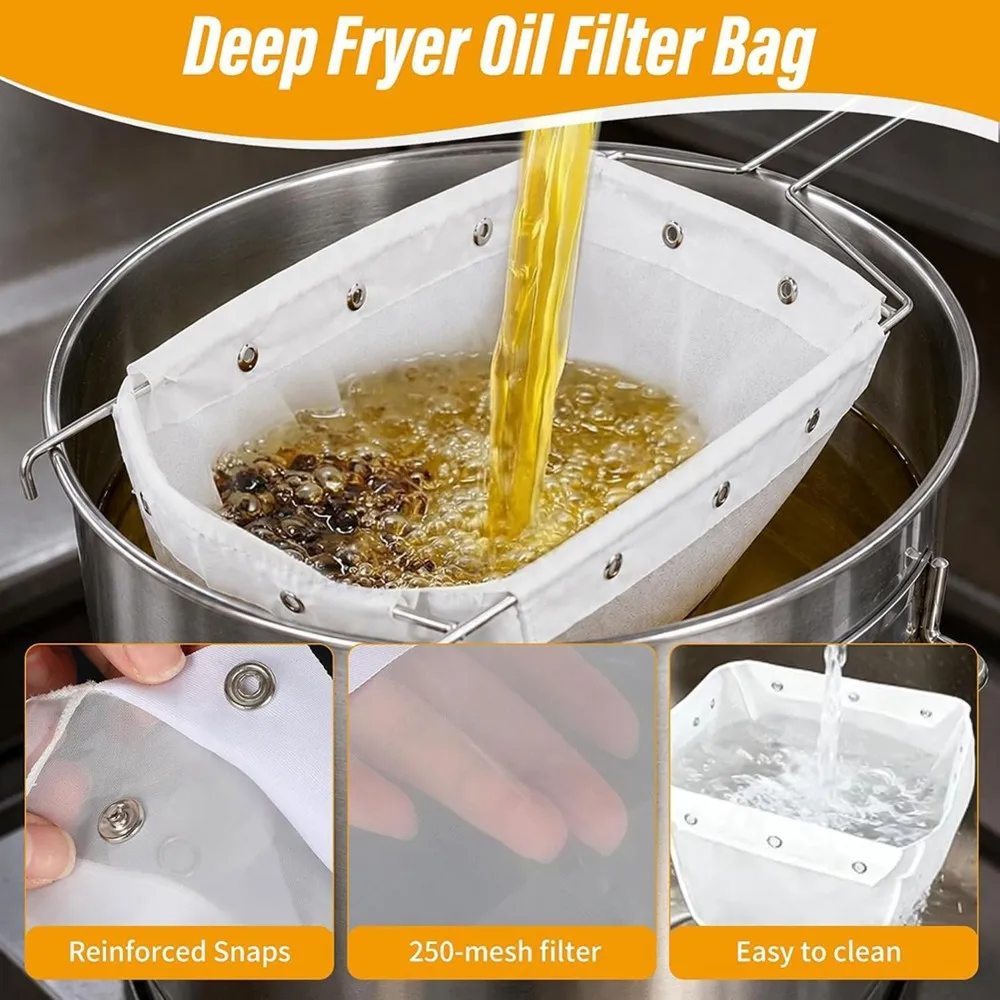 IALJ-Deep Fryer Oil Filter Bags With Frame & Oil Thermometer,Reusable Oil Strainer For Commercial&Home Kitchens,Easy To Clean