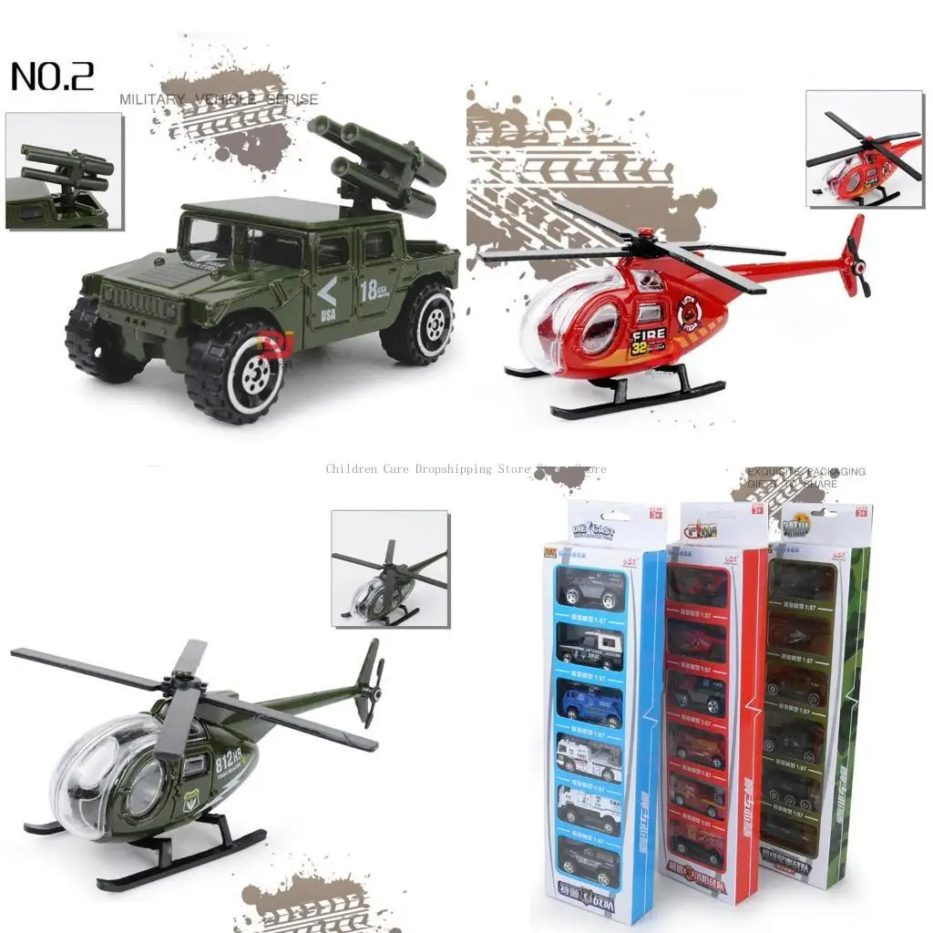 

6 шт. литая модель пожарной машины, военный автомобиль, вертолет, реалистичный автомобиль, игрушка из сплава, детский подарок