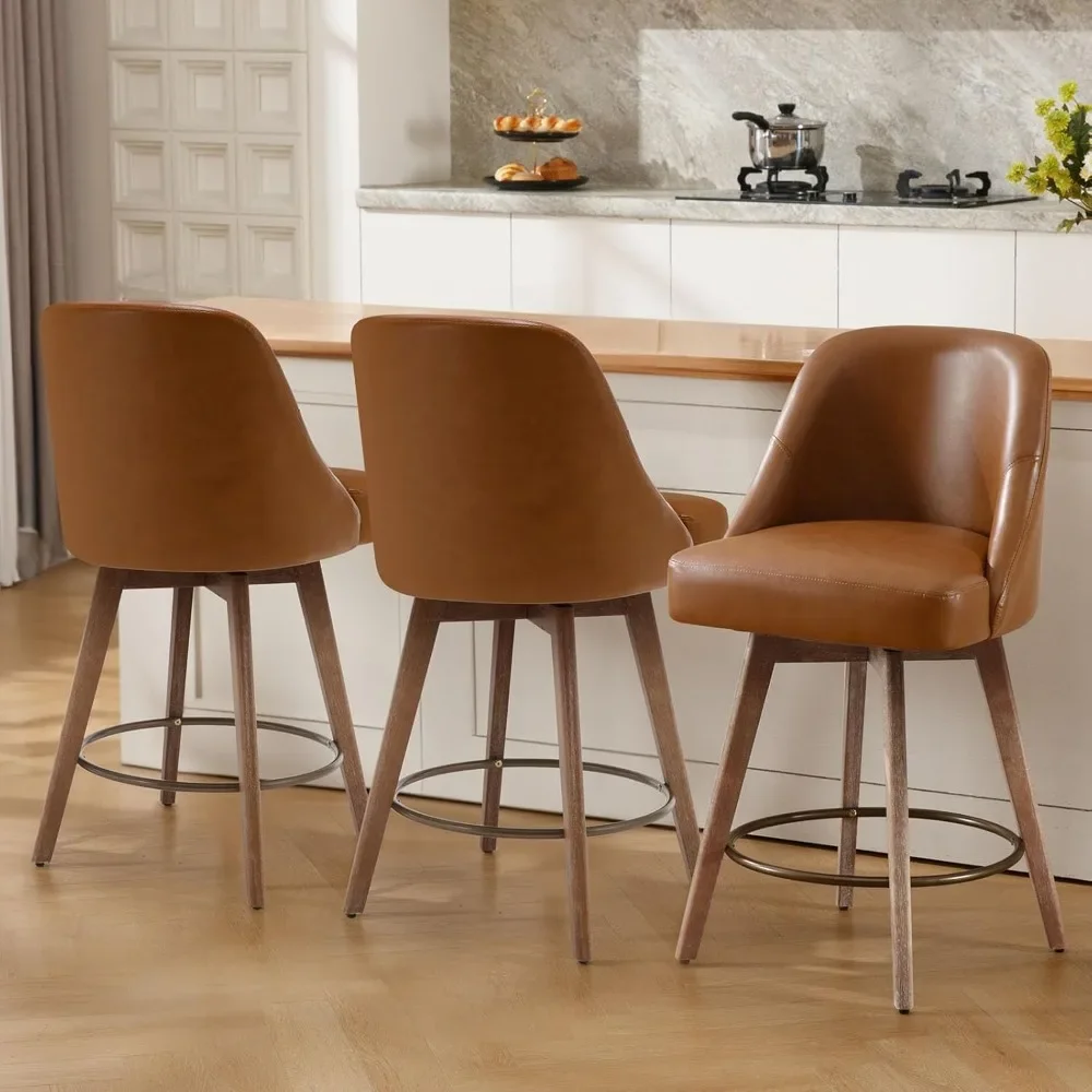 Counter Height Bar Stools Set of 3, Mid-Century Swivel Bar Chairs with Backs and Beech Wood Legs, 26 Inch Seat Height