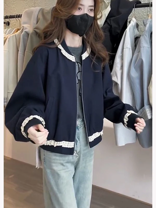 

plus Size 300 Pounds Fat Mm Lace Splicing round Neck Jacket Outerwear Women Spring Casual Baseball Shirt