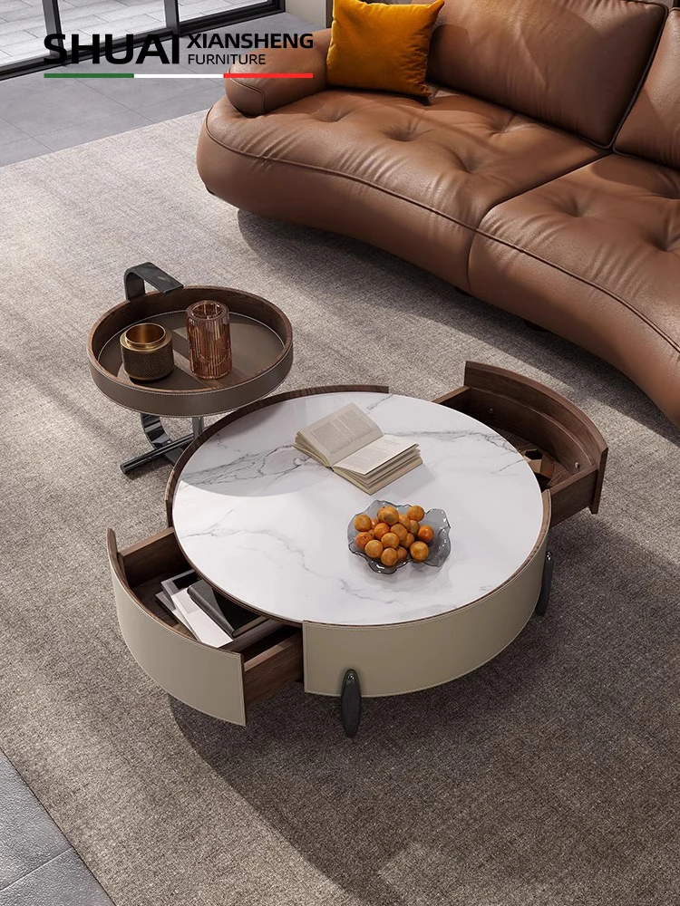 Saddle Leather round Italian High-Grade Sense Size round Height Combination Simple Stone Plate Microlite Coffee Table