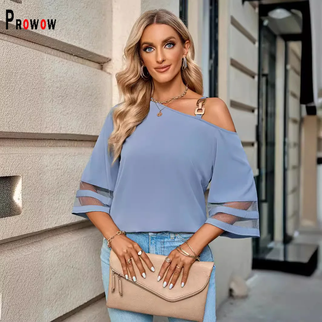 Prowow Fashion One-shoulder Women's Shirts Mesh Splicing Sleeve Summer Female Tops Clothes Solid Color Trend Slim Fit Outfits