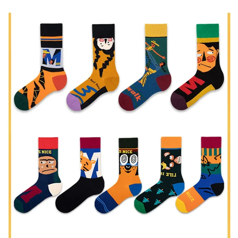 Famous painting European and American style in the tube men and women tide brand ins cartoon cotton socks