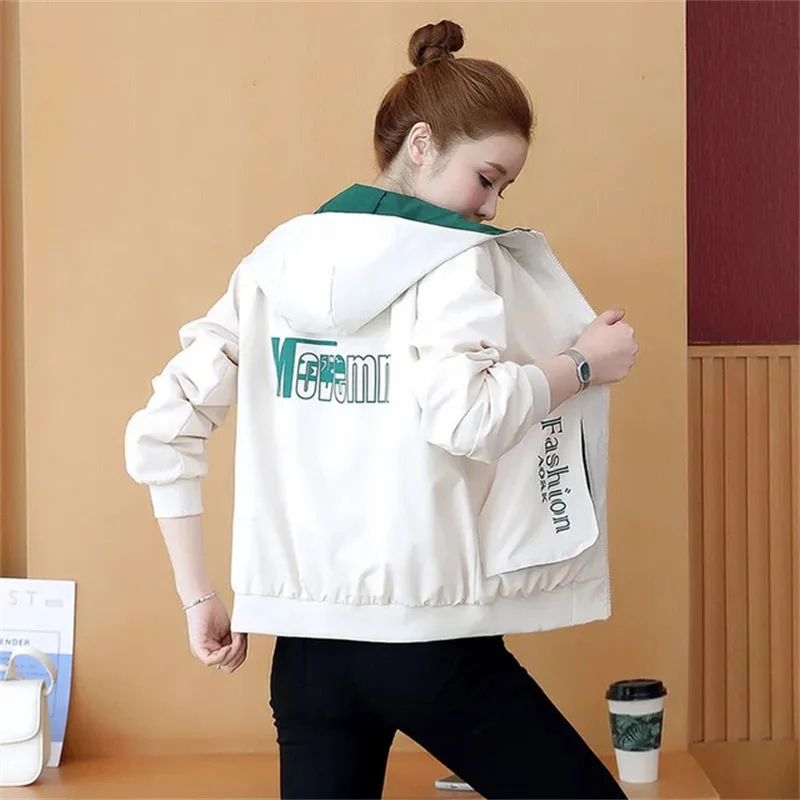 2023 New Spring Autumn Casual short Jackets Female Students Loose Coat Hooded Joker Baseball Uniform Printing Letter Outwear