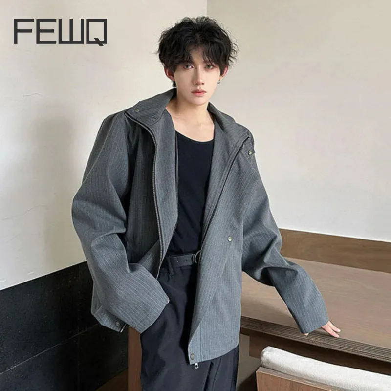 FEWQ ชายลายเกาหลีสไตล์ Hooded Zipper แจ็คเก็ตหลวม OVERSIZE Outwear ชายเสื้อลําลองอินเทรนด์ 12C1525