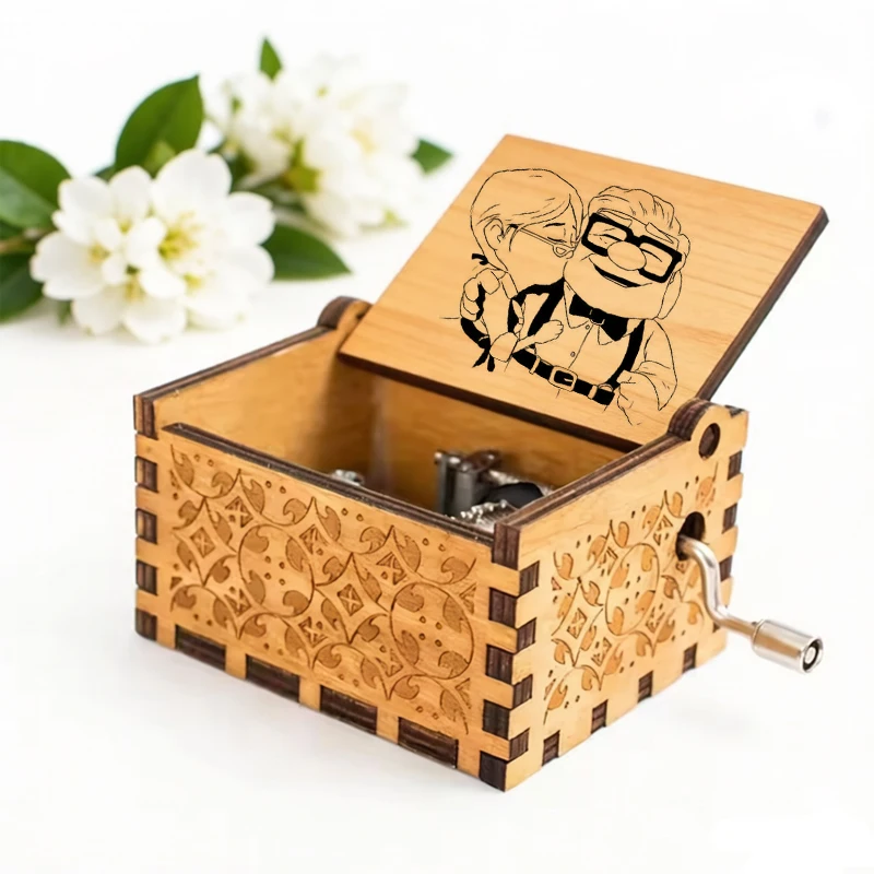 Popular Anime Movie Song Married Life Music Box Black Brown Wooden Box Color Printing Wife Husband Birthday Anniversary Gift