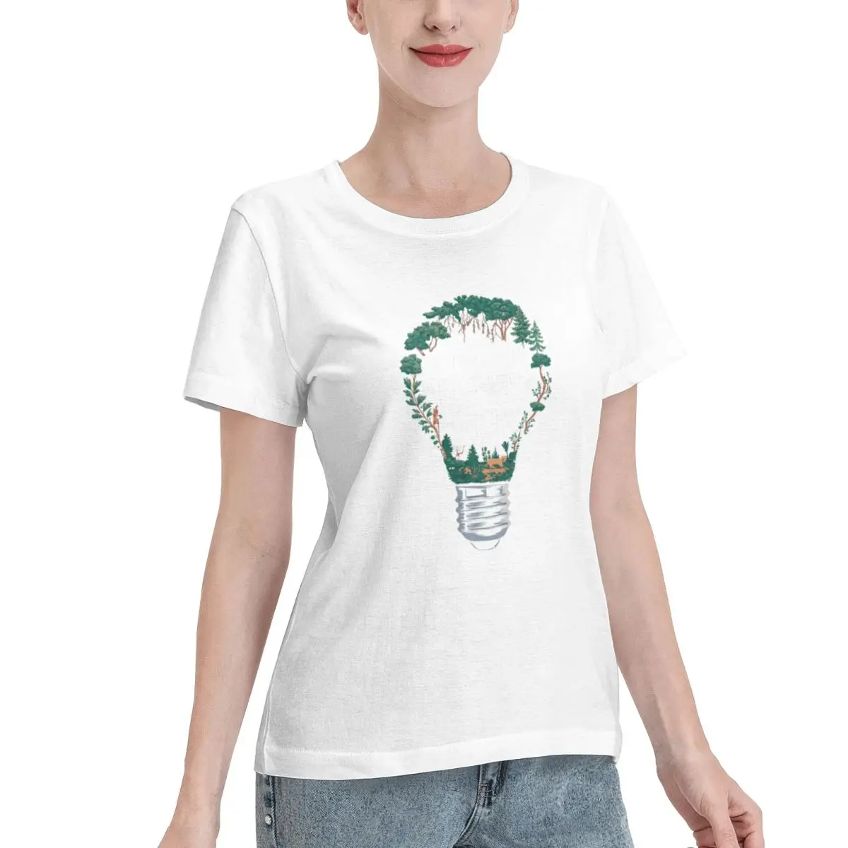 Clearance Sustainability Power Forest Inside Lightbulb Eco Boxy Women's T-shirt Lightweight Outfit Relaxed Cut Tshirt
