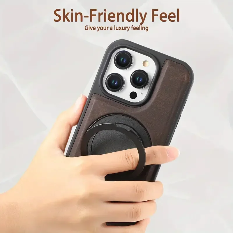 360° Rotate Magnetic Ring Stand Holder Phone Case for iPhone 17 Air 16 15 14 13 12 Pro Max Shockproof PU Leather Mag-safe Cover