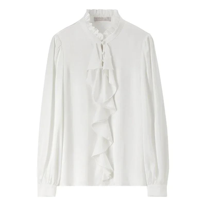 SENTUBILA White Chiffon Shirts For Women 2025 Spring Autumn Casual Commute Stand Collar Ruffles Long Sleeve Blouses 143V56667