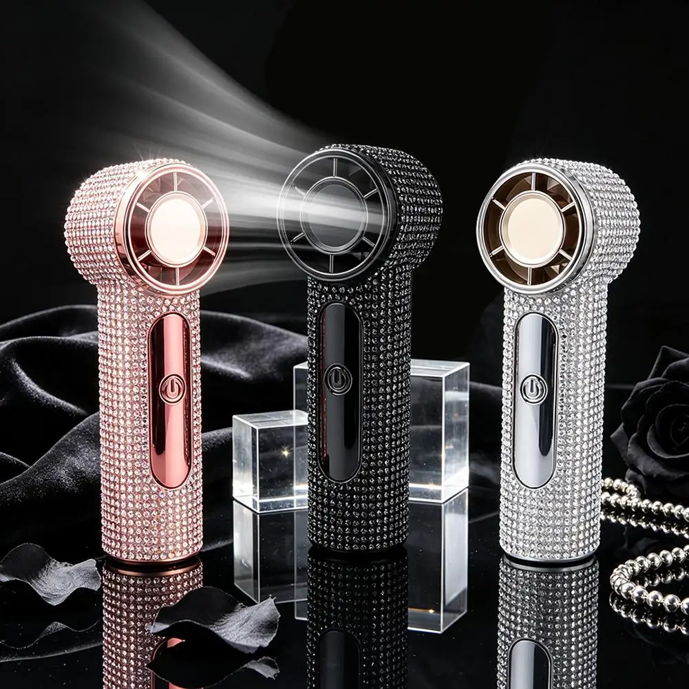 Portable Handheld Fan Speed Diamond Studded Mini Fan LED Digital Display Type C USB Rechargeable Strong Airflow for Outdoor view 3