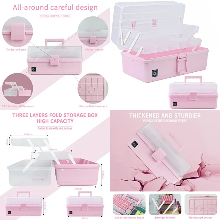 

13 inch Art Craft Organizer Storage Box with 3 Layer Multipurpose Plastic Tool Box with Handle for Sewing Art Supply Medicine N