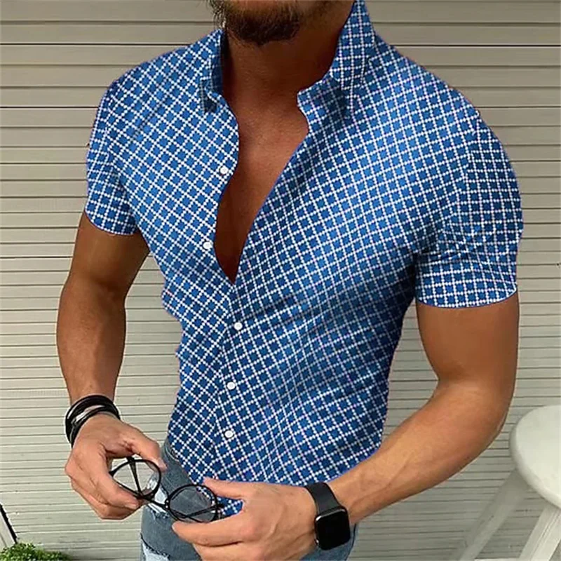 2023 new summer men\'s retro plaid blue shirt fashion casual luxury shirt short sleeve Hawaiian shirt camisa Masculina 5XL