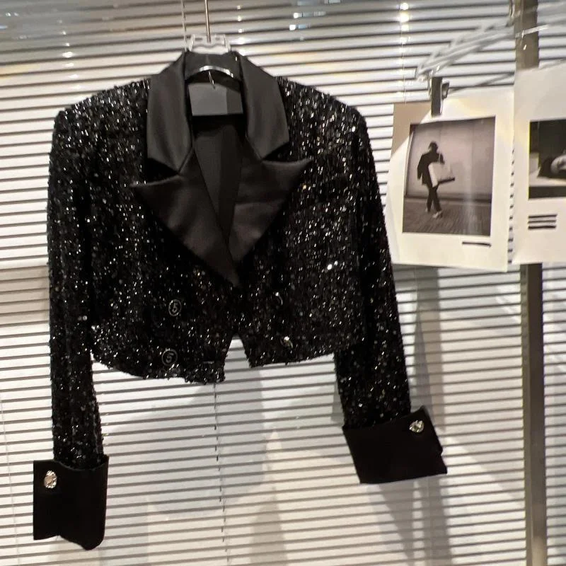 السترات النسائية ملابس امرأة صغيرة عالية الترتر معطف قصير الإناث الخريف مزاجه على الانترنت المشاهير دعوى طوق معطف لامع