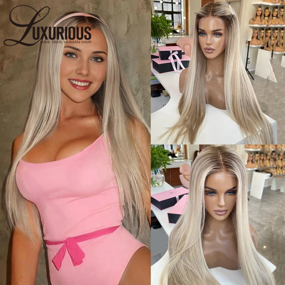 

Glueless Human Hair Beige Blonde Ombre Colored Wig Straight Transparent 200% Density 5X5 Lace Closure Wigs Preplucked Straight