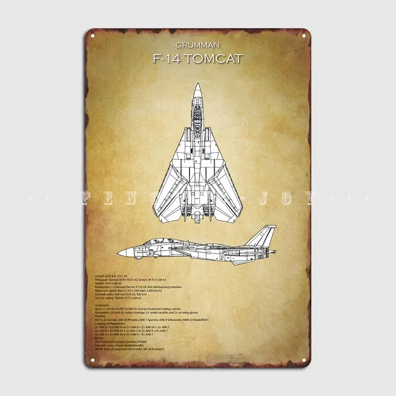 Grumman F-14 Tomcat Blueprint Metal Sign Club Club Bar Vintage Wall Decor Tin Sign Poster