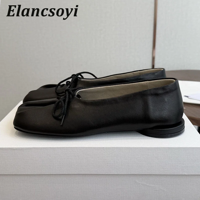 Flat Shoes Women's Real Leather Pleated Lazy Loafers  Shallow Mouth Single Shoes Summer Square Toe Lace Up Ballet Shoes 202