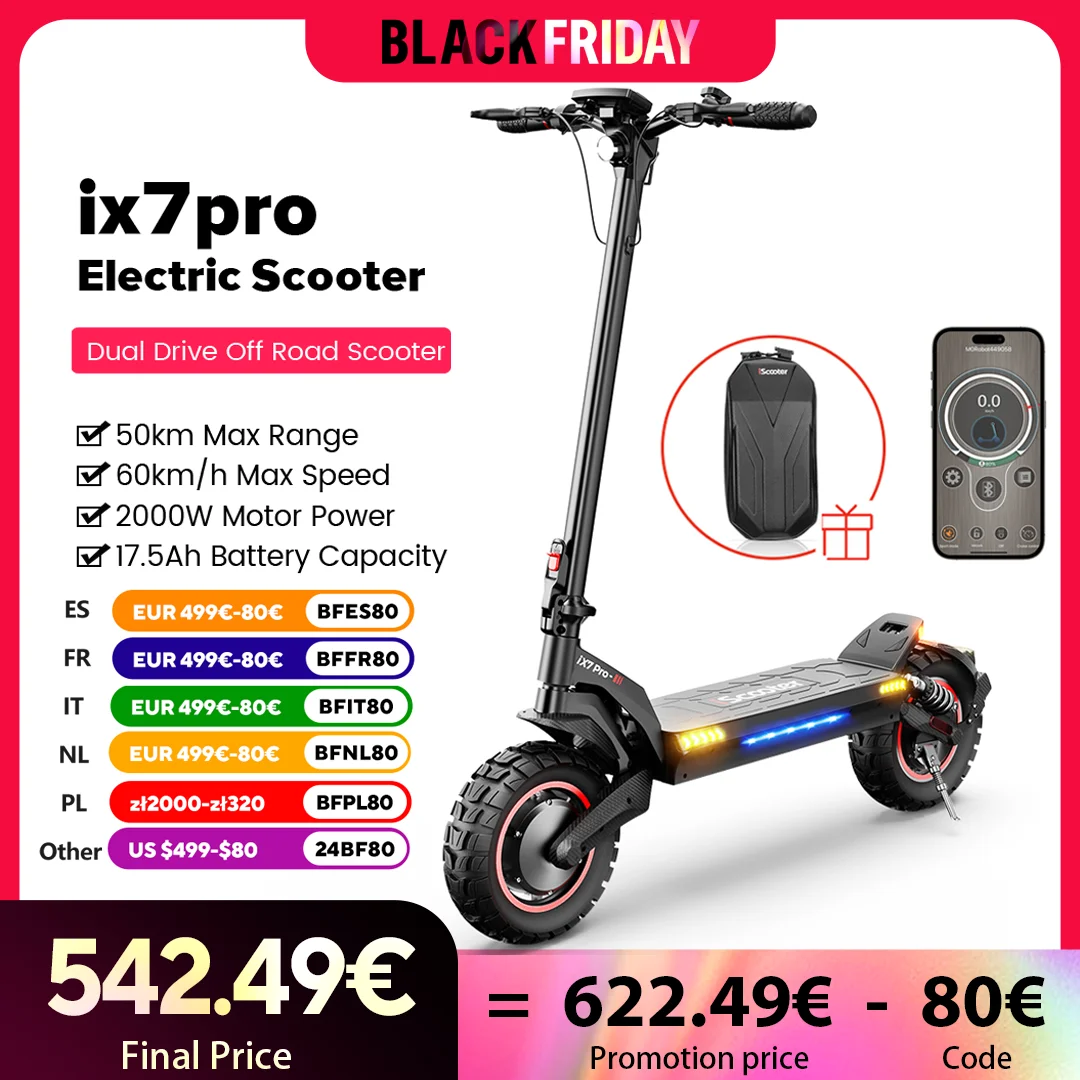 ix7proElectric Scooter 17.5Ah 2000W Dual Drive Scooter 10inch Anti-skid OffRoad Pneumatic Tire Kick Scooter 60KM/H Speed withAPP