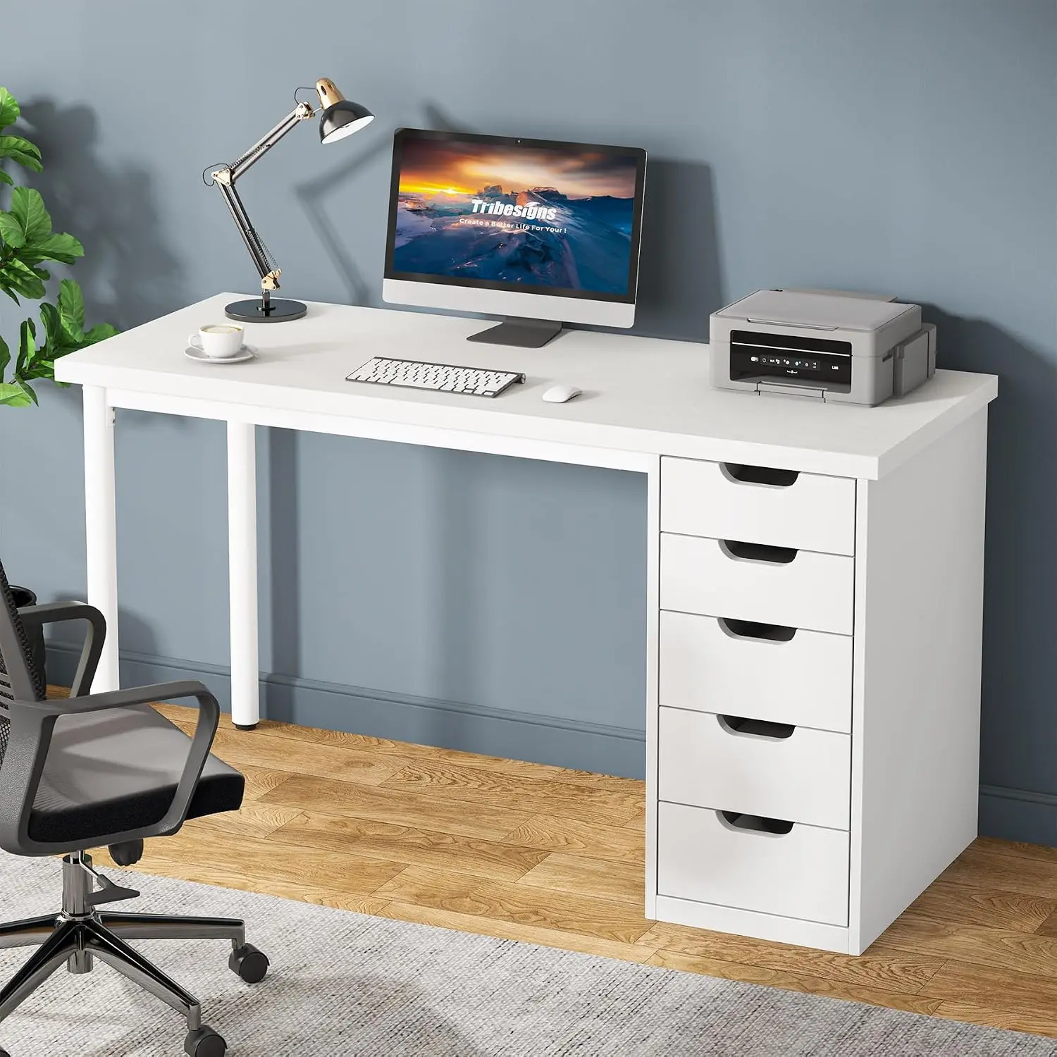 Rustic Brown Computer Desk with 5 Drawers & Storage, 47 Inch Laptop Study Table for Small Home Office, Customized