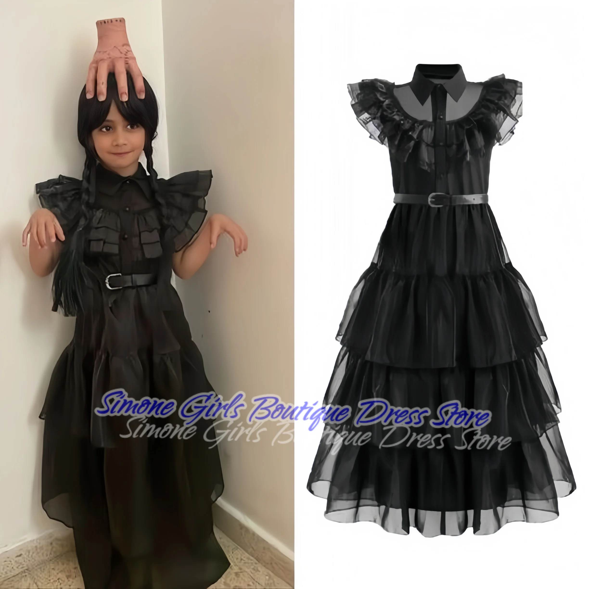 

Wednesday folds Asymmetrical Contrast Lace Ruffle Shawl collar Flower Girls Dress for Halloween Parties Dance Performances