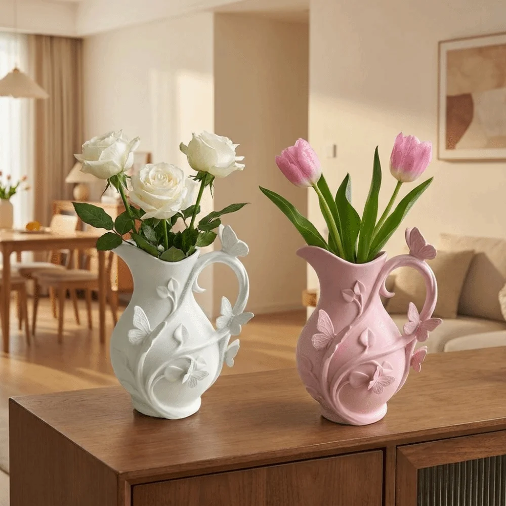 3D Butterfly Relief Vase Matte Finish with Handle Pitcher‑Shaped Flower Vase Decorative Floral Arrangement Vase