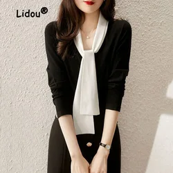 2023 Elegant V-Neck Spliced Loose Lace Up Blouse Women's Clothing Autumn Oversized Casual Pullovers All-match Office Lady Shirt