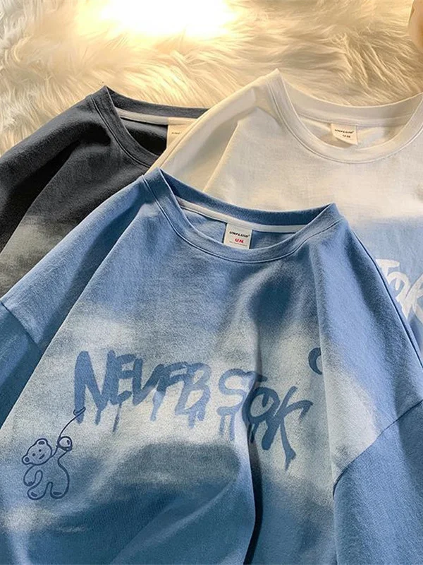 summer-new-japanese-cloud-moon-bear-letter-short-sleeve-t-shirt-printed-clothing-casual-fashion-ear-muffs-accessories
