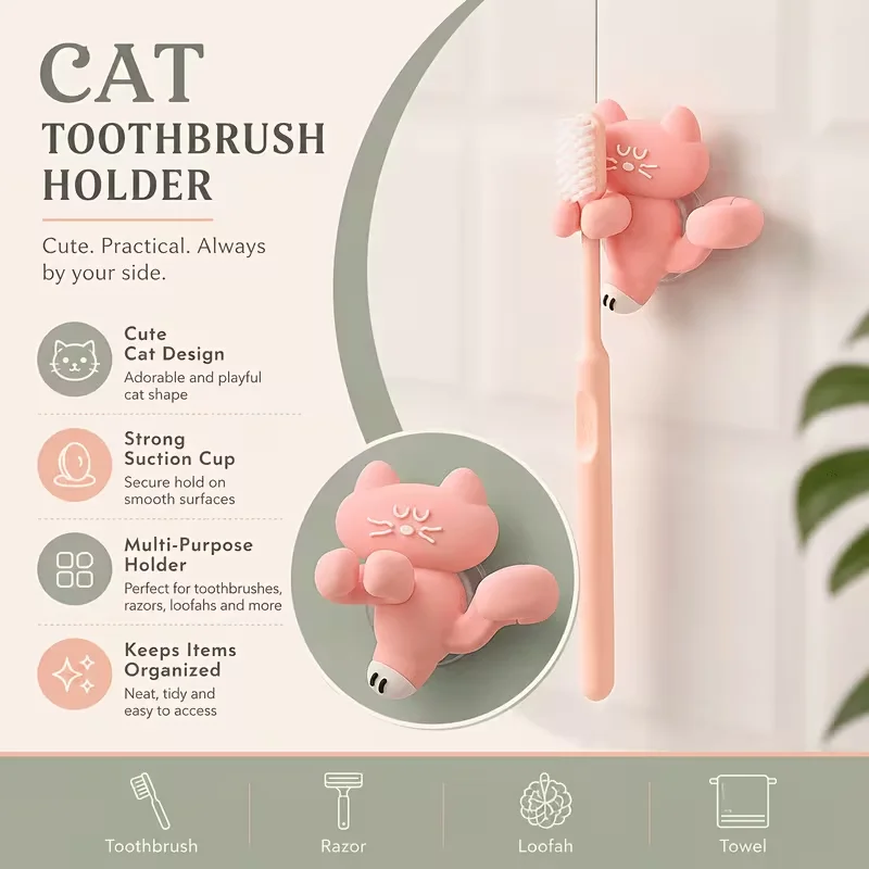 Niedlicher Katzen-Zahnbürstenhalter mit Saugnapf, Wandmontierter Badezimmer-Aufbewahrungsständer zur Platzersparnis, Selbstklebender Zahnpastahalter – Detail 4