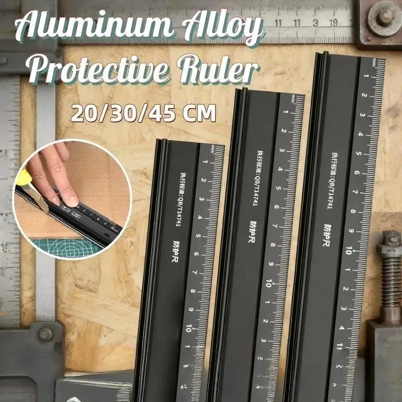 .Hot-Non-Slip Metal Cutting Ruler Aluminum Alloy 20/30/45cm Multi-Functional for Acrylic Wood Cutting Marking Measuring Work