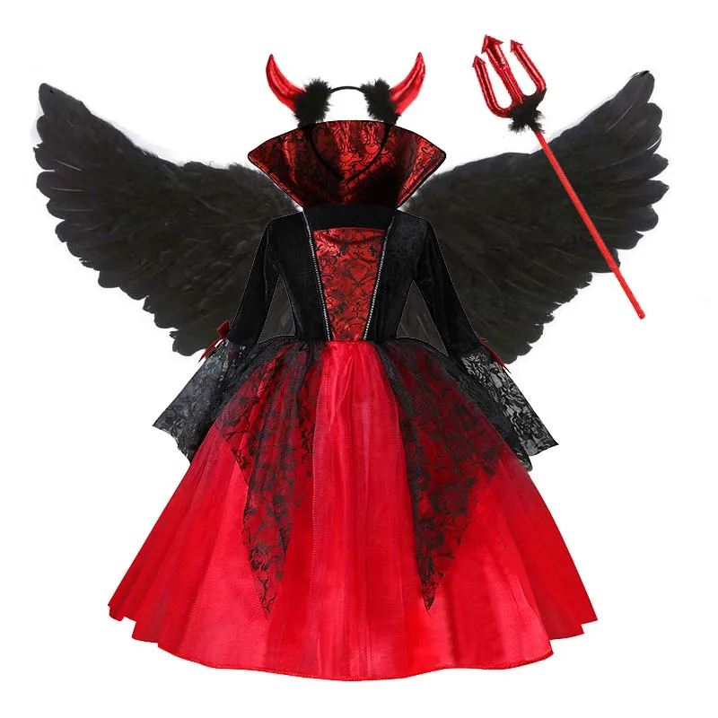 Mädchen Vampir Halloween Kleid für Kind Geisterbraut Gothic Cosplay Vampir Kostüm Graf Vampiran Karneval Outfit Schwarz Rote Kleidung – Detail 6