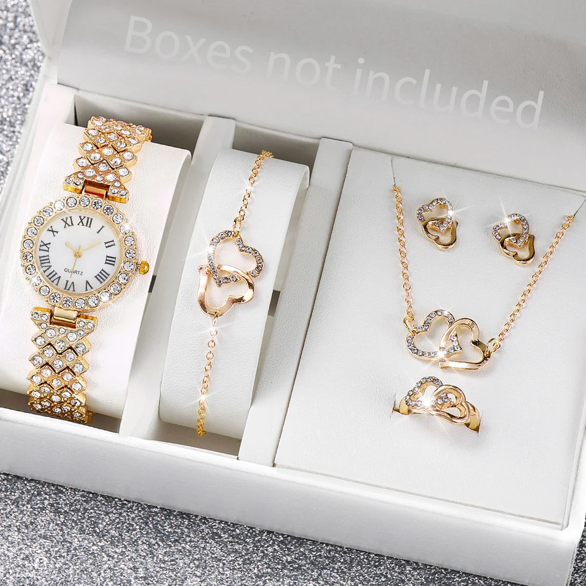 6PCS/Set Fashion Roma Dial Women's Watch Full Diamond Steel Band Quartz Watches Rhinestone Heart Jewelry(Without Box)