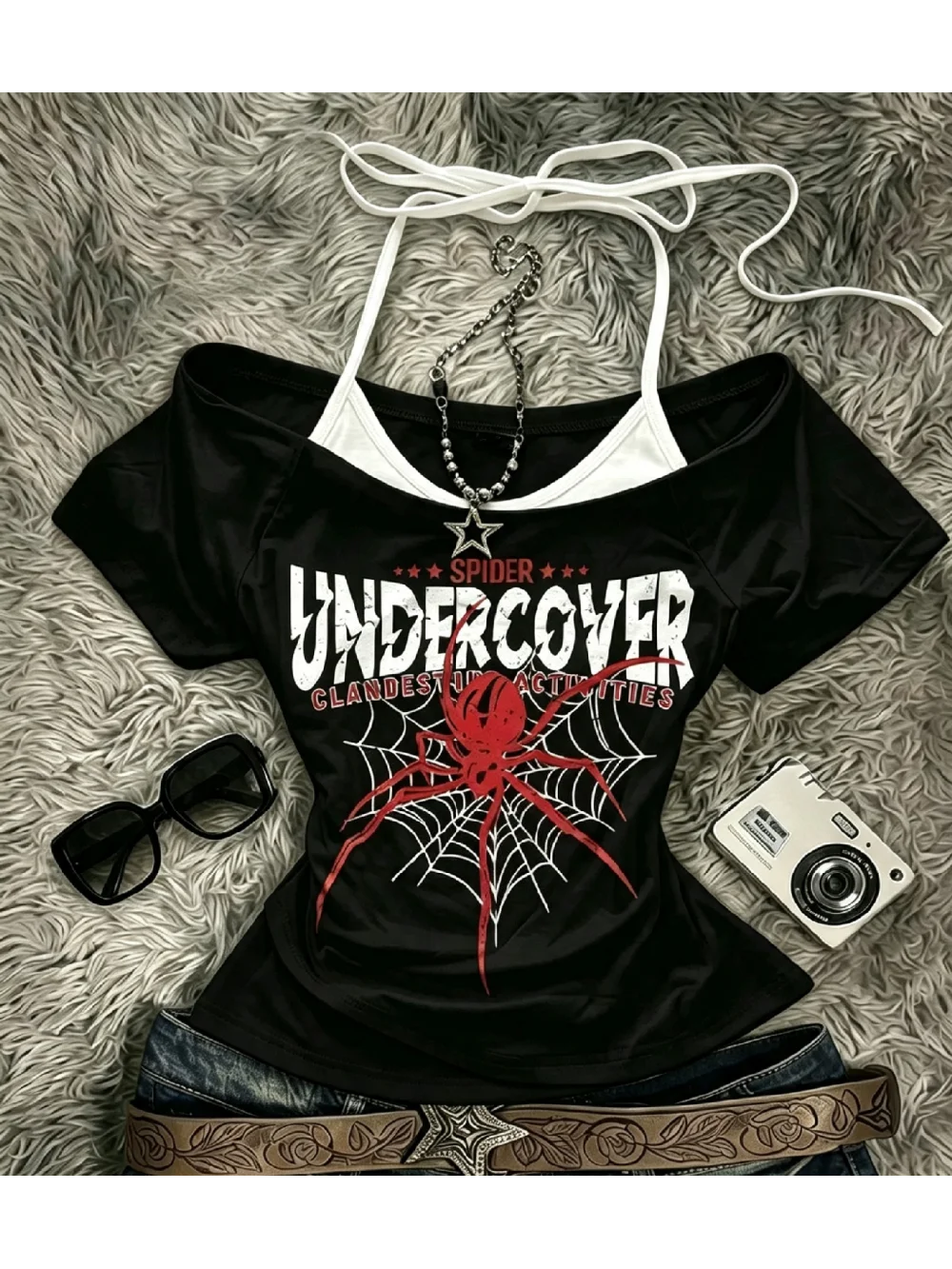 New Summer Retro Punk Red Spider English Printed Short Sleeve Fake Two piece Spicy Girl Top Street Trendy Casual Niche Versatile