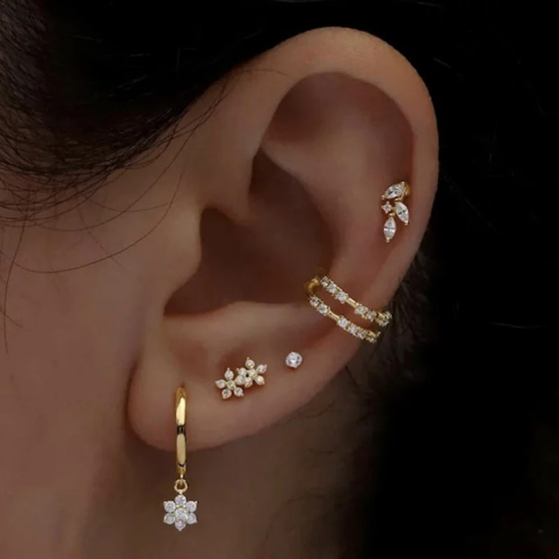 

Exquisite Gold Color Star Dangle Earrings Women Zircon Piercing Flower Stud Earrings Set Fashion Jewelry Gift Accessories
