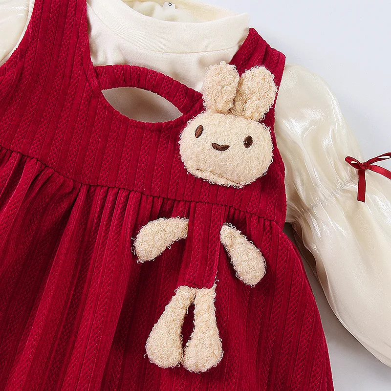 Children\'s red dress autumn/winter girl\'s dress baby birthday dress 1-year-old bunny 2-piece set