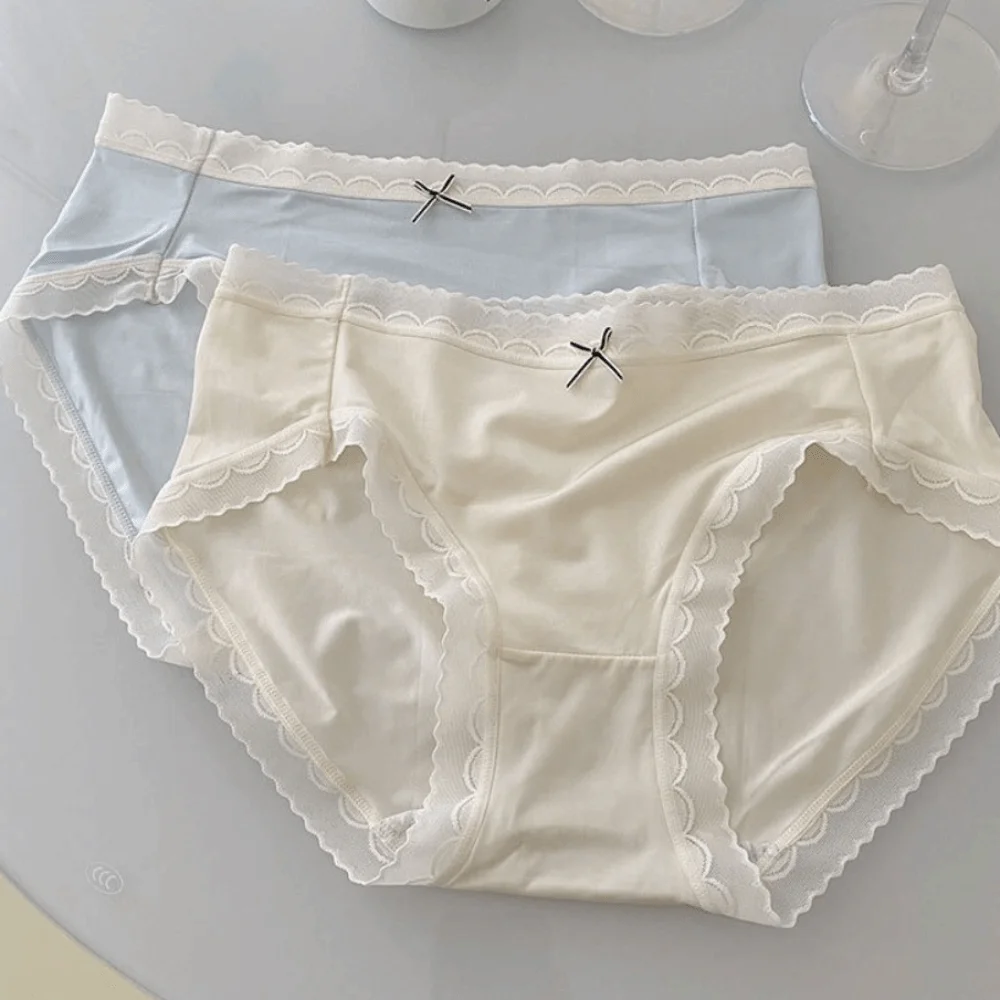 Lingerie Bow Lace Panties Transparent Seamless Mesh Thin Briefs Mid Waist Women Underwear Spring Summer