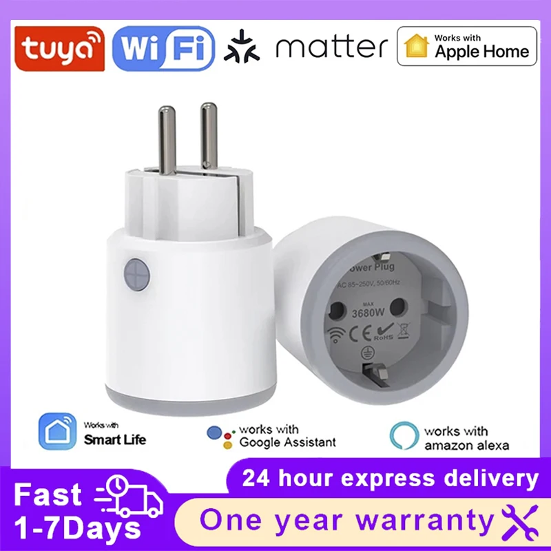 

Умная розетка Tuya Matter 16A Wi-Fi с монитором мощности, умная вилка европейского/фрита, розетка для бытовой техники работает с Homekit Alexa Google