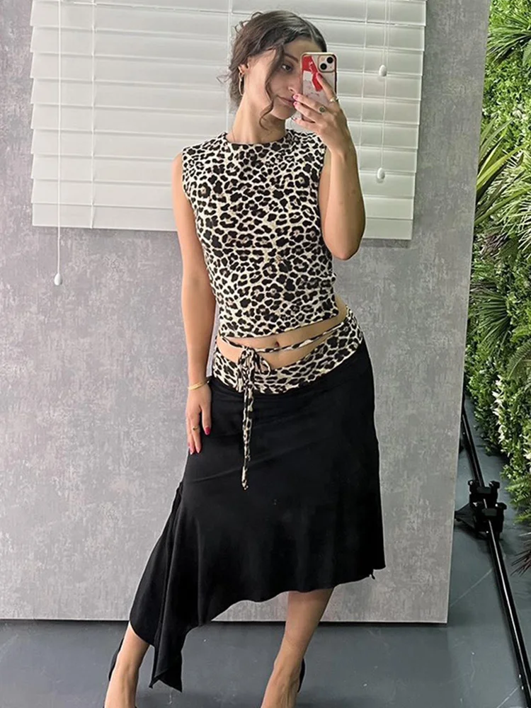 

TARUXY Fashion Double Wear Skirt Suit Female Leopard Print Lace Up Sleeveless Vest Irregular Splice Skirt Two Pieces Set Women's