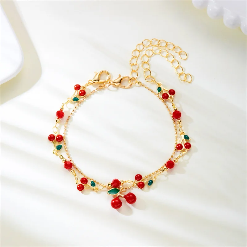 Nette Süße Rote Kirsche Kette Armband Halskette Für Frauen Vintage Gold Farbe Blume Obst Schlüsselbein Fußkettchen Hochzeit Schmuck – Detail 18