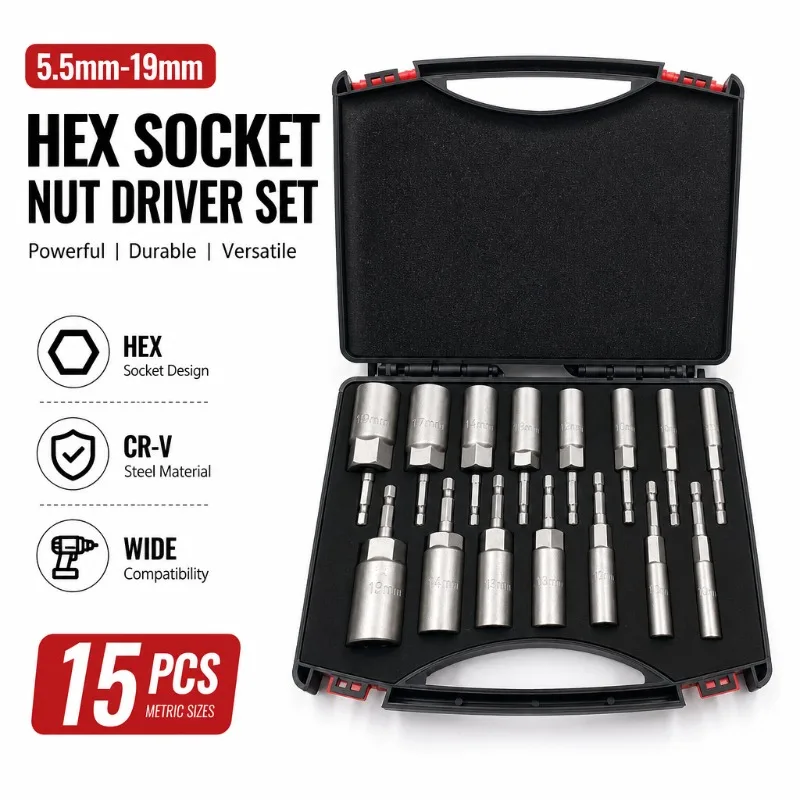 15Pcs 5.5mm-19mm Hex Nut Driver Socket Set Metric Hexagonal Sleeve Bits for Electric Drill Impact Driver Auto Mechanical Repair