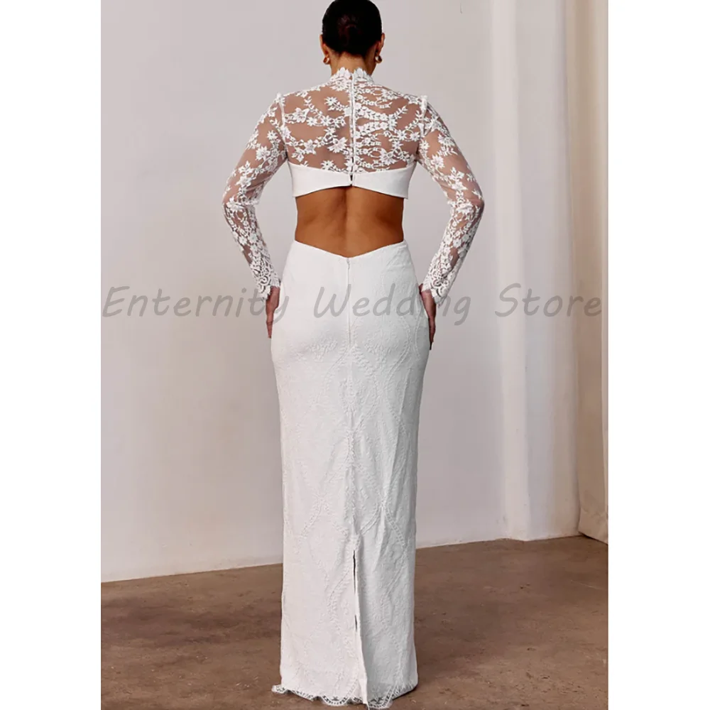 Boho Two Piece White Lace Bridal Gown High Neck Sheer Long Sleeve Crop Top Waist Bow Mermaid Wedding Dress
