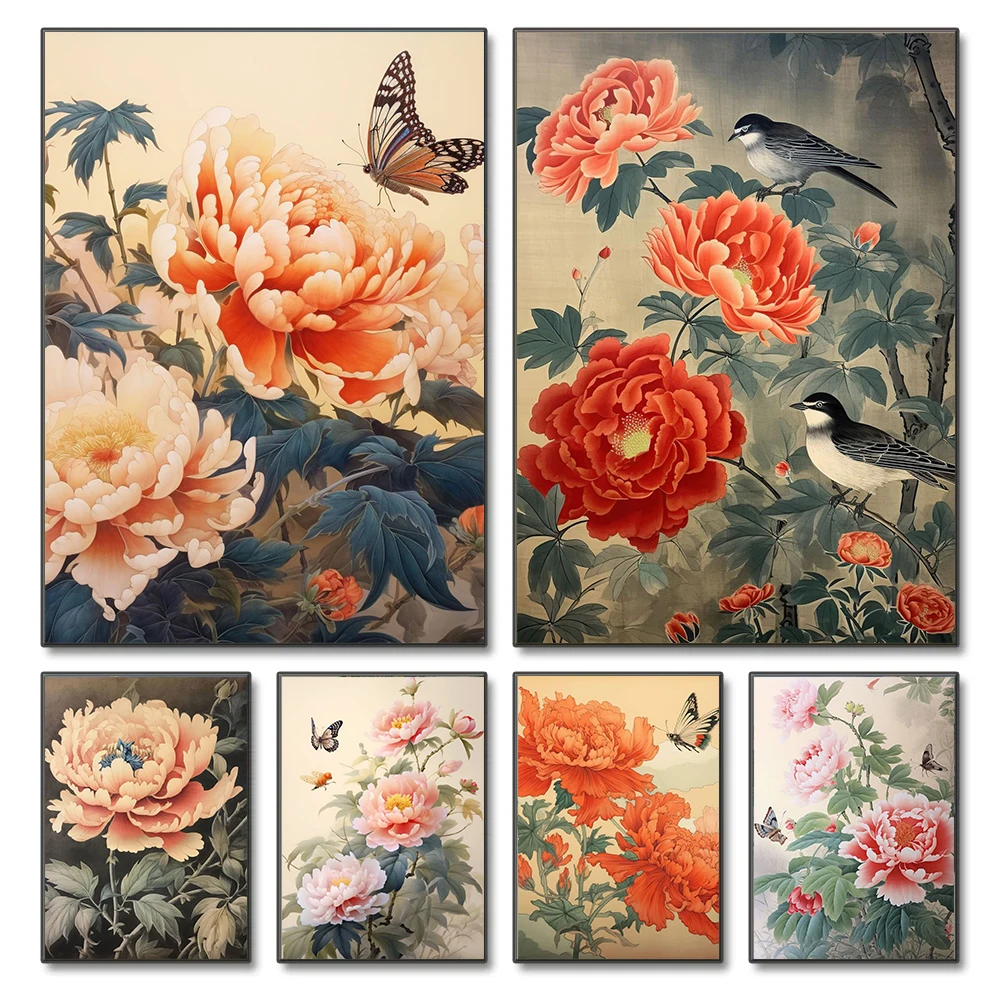 Chinese Style Peony Flowers Blossom Butterfly Bird Poster and Prints Canvas Printing Wall Art Picture for Living Room Home Decor