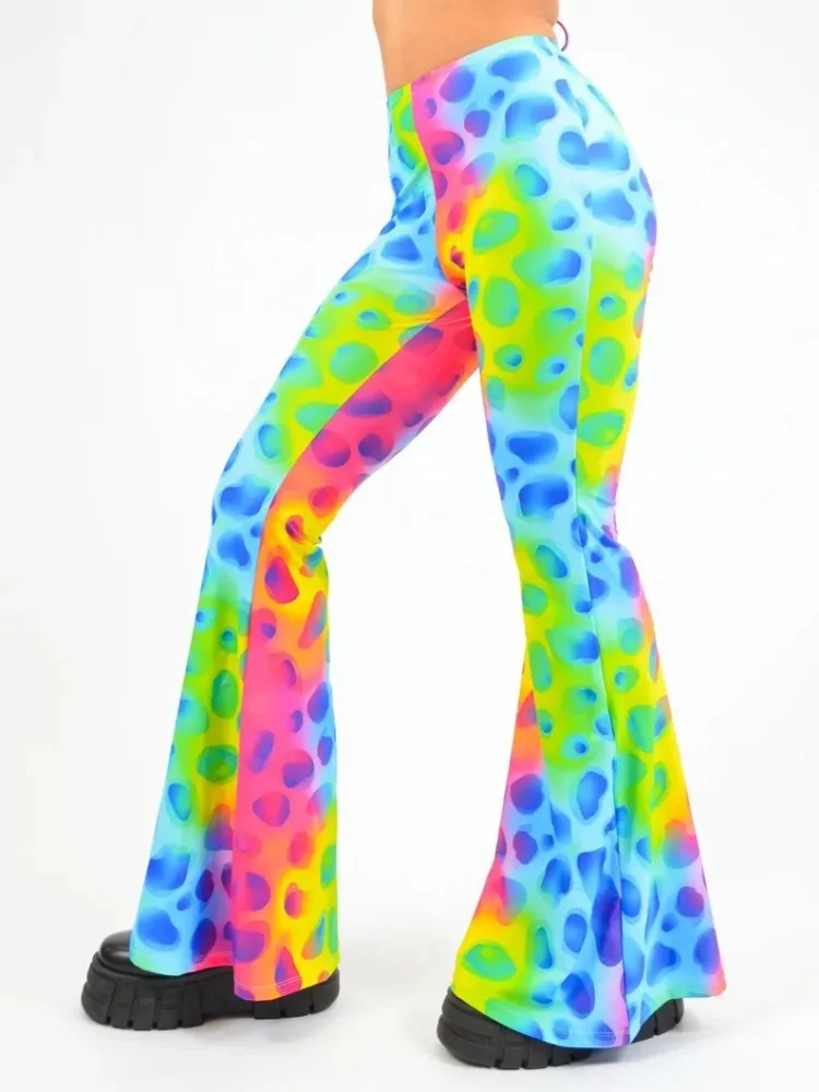 Retro Psychedelische Regenbogen-Leoparden-Schmetterlings-Flammen-Mesh-Druck Schlaghose mit hoher Taille, schmale Passform, Strick-Bell-Bottom-Hose – Detail 2