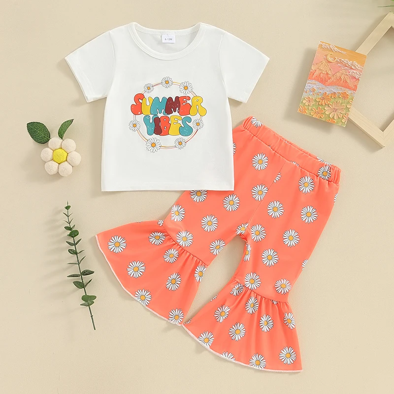 Flawbena Toddler Baby Girl Easter Outfits Short Sleeve Letter Print T-Shirt Bunny Bell-Bottom Pants Kids Summer Clothes