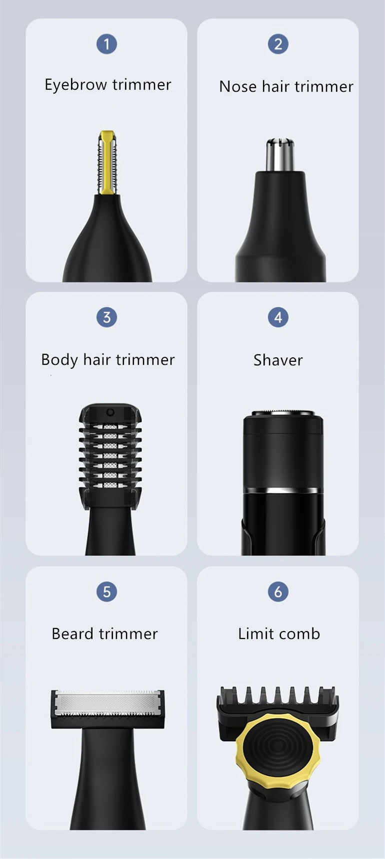 Kit de toilettage pour hommes 6 en 1 noir et jaune avec six accessoires interchangeables pour la tonte des sourcils, des poils de nez, des poils du corps, le rasoir, la tondeuse à barbe et le peigne de limite, avec un temps de charge rapide.