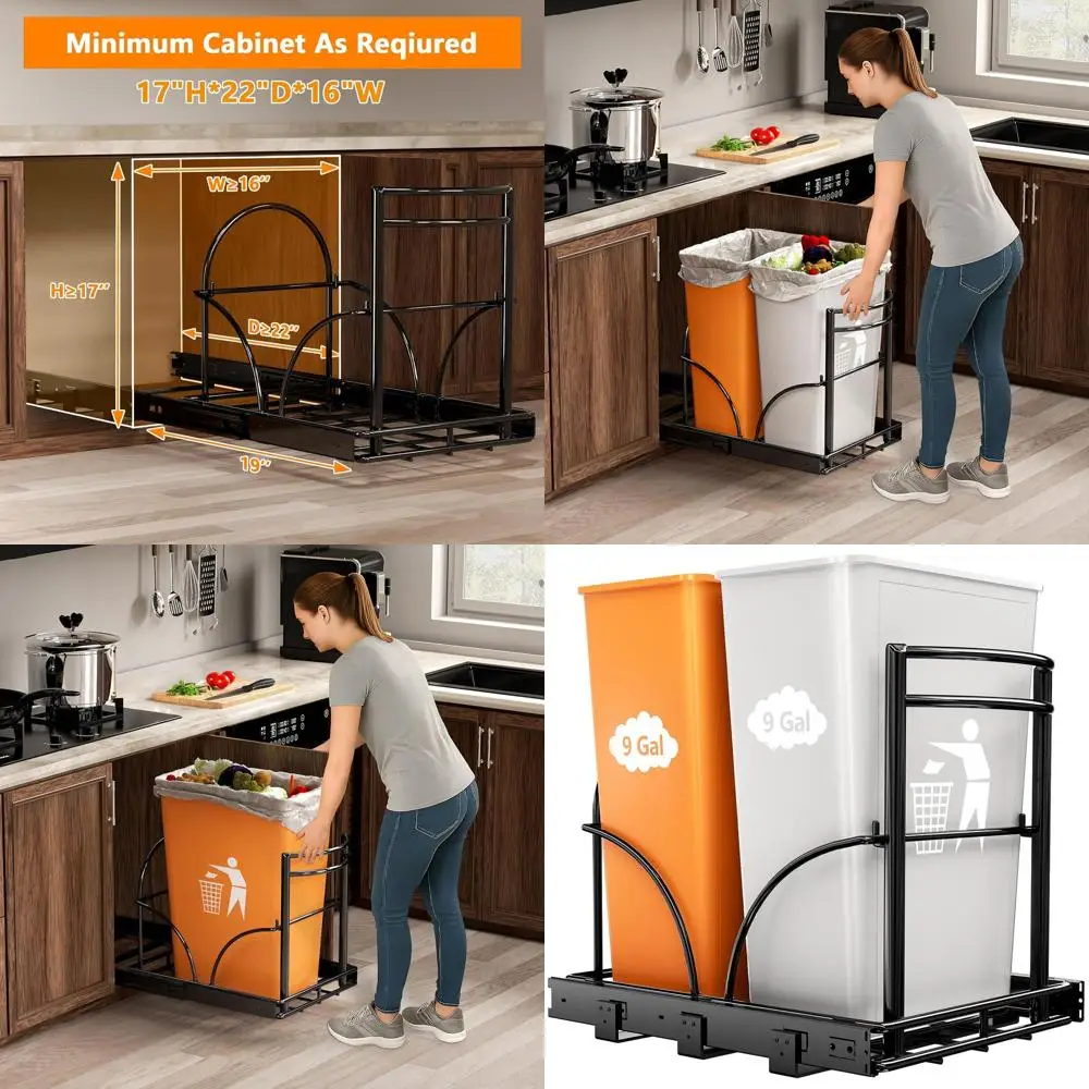 

Double Bin Pull-Out Trash Can Rack for Under Cabinet, Holds 2x 7-9 Gallon Cans, Fits Cabinets 16W x 17H x 22D