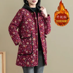2025 New Autumn Winter With Velvet Cotton-padded Jacket Women Mid-Aged Mother Hooded Floral Plus Velvet Warm Parkas Coat Female